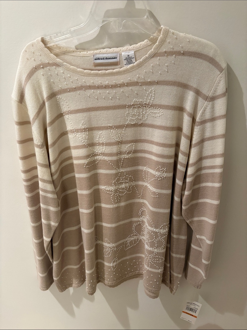 Alfred Dunner Beige & Cream Striped Floral Embellished Sweater